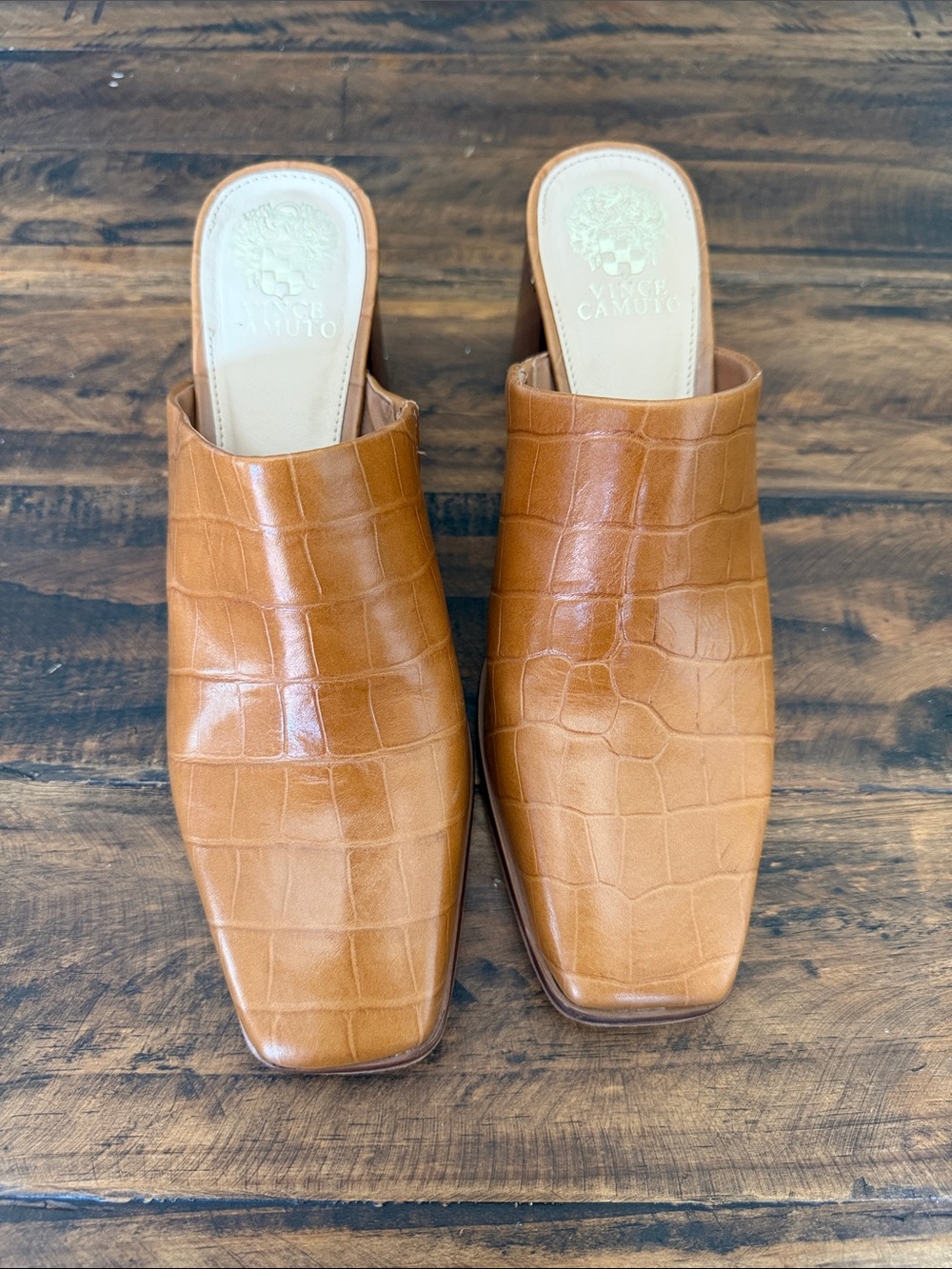 Vince Camuto Cognac Croc-Embossed Leather Slip-On Block Heel Size 9.5